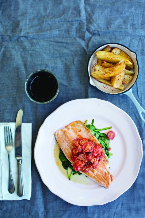 Trout with Baby Spinach, in a Chorizo & Cherry Tomato Sauce